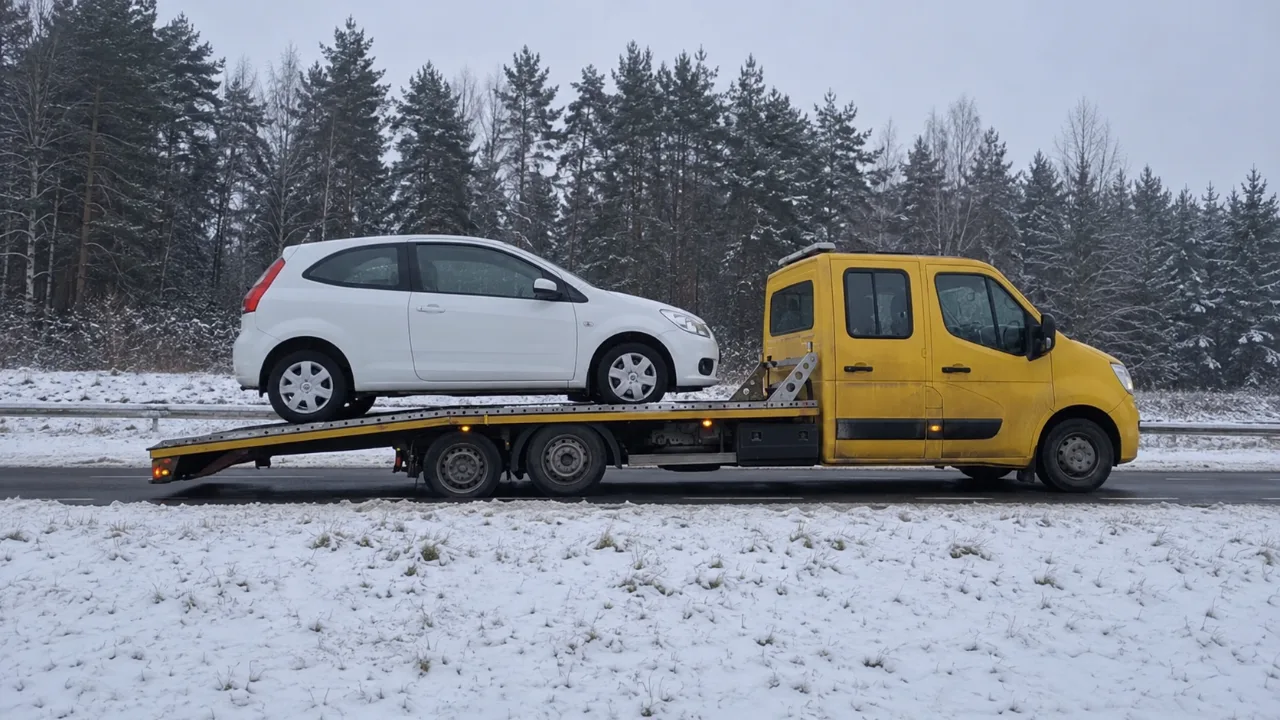 Holowanie białego auta na lawecie zimą – Olkusz