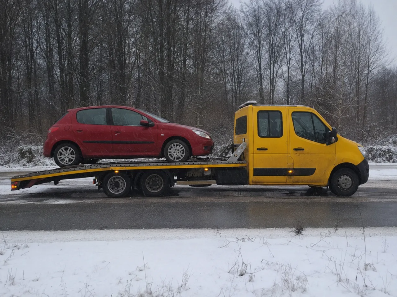 Holowanie czerwonego auta na lawecie w śniegu – Olkusz