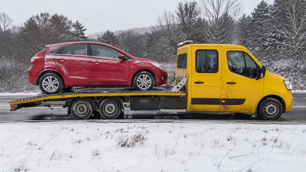 Holowanie czerwonego auta na lawecie zimą – Olkusz