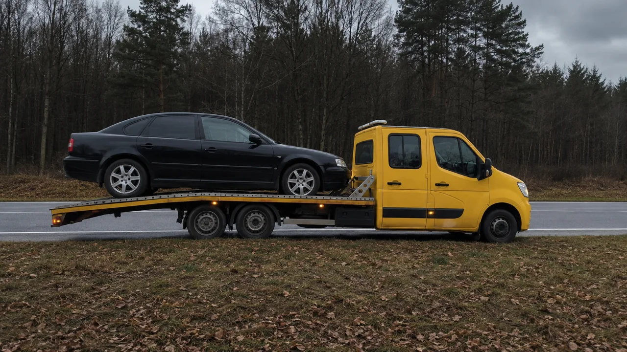 Transport zabytkowego sedana Fiat 125p na lawecie – Olkusz, Słowiki
