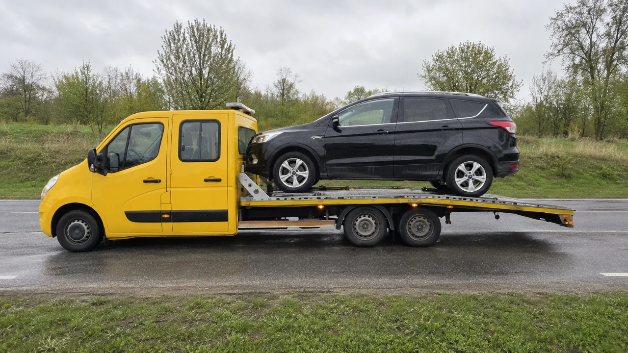 Holowanie czarnego SUV-a na żółtej lawecie – AutoHol-Nowak Pomoc Drogowa Olkusz