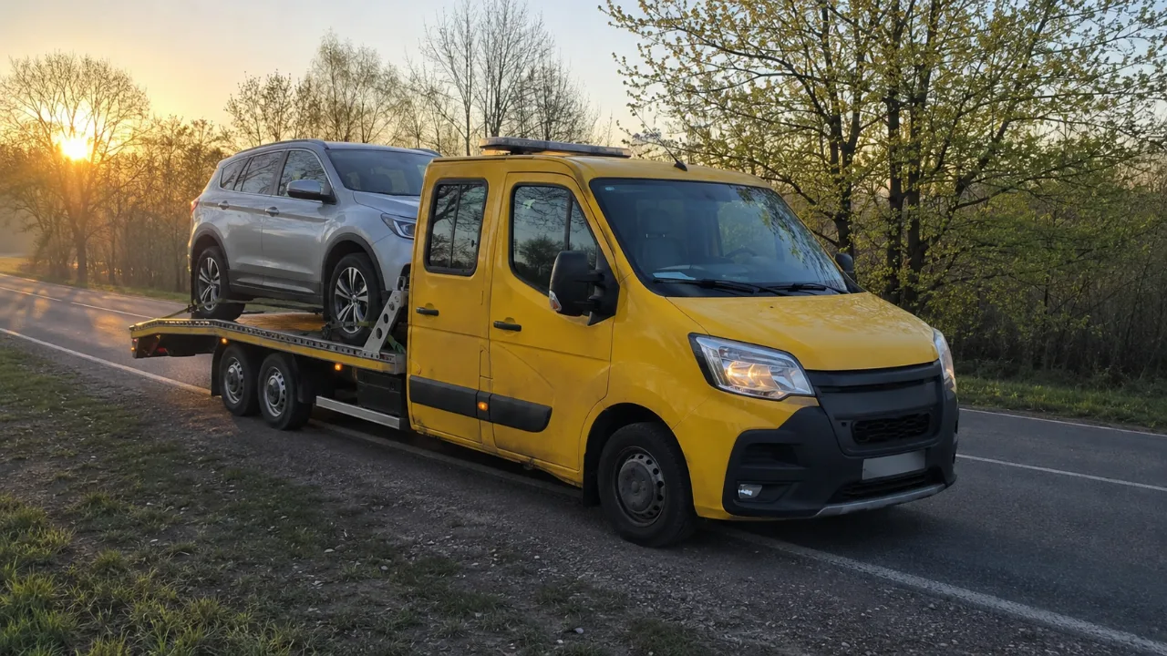 Laweta z ciemnym SUV-em o wschodzie słońca – AutoHol-Nowak Pomoc Drogowa Olkusz