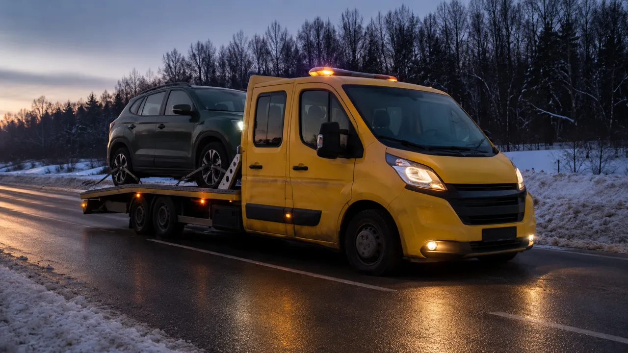 Nocna pomoc drogowa na poboczu – SUV na lawecie z sygnalizacją – Olkusz