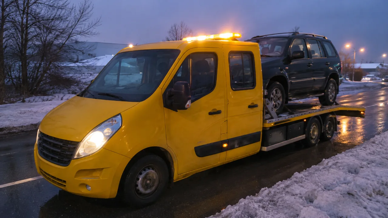 Nocna laweta z SUV-em i sygnalizacją świetlną – AutoHol-Nowak Pomoc Drogowa Olkusz