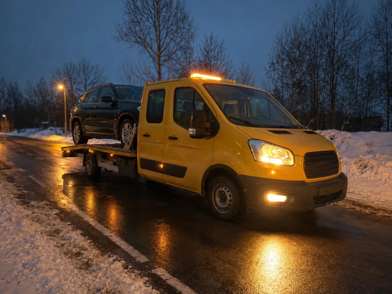 Nocna pomoc drogowa po awarii – SUV na lawecie – Olkusz