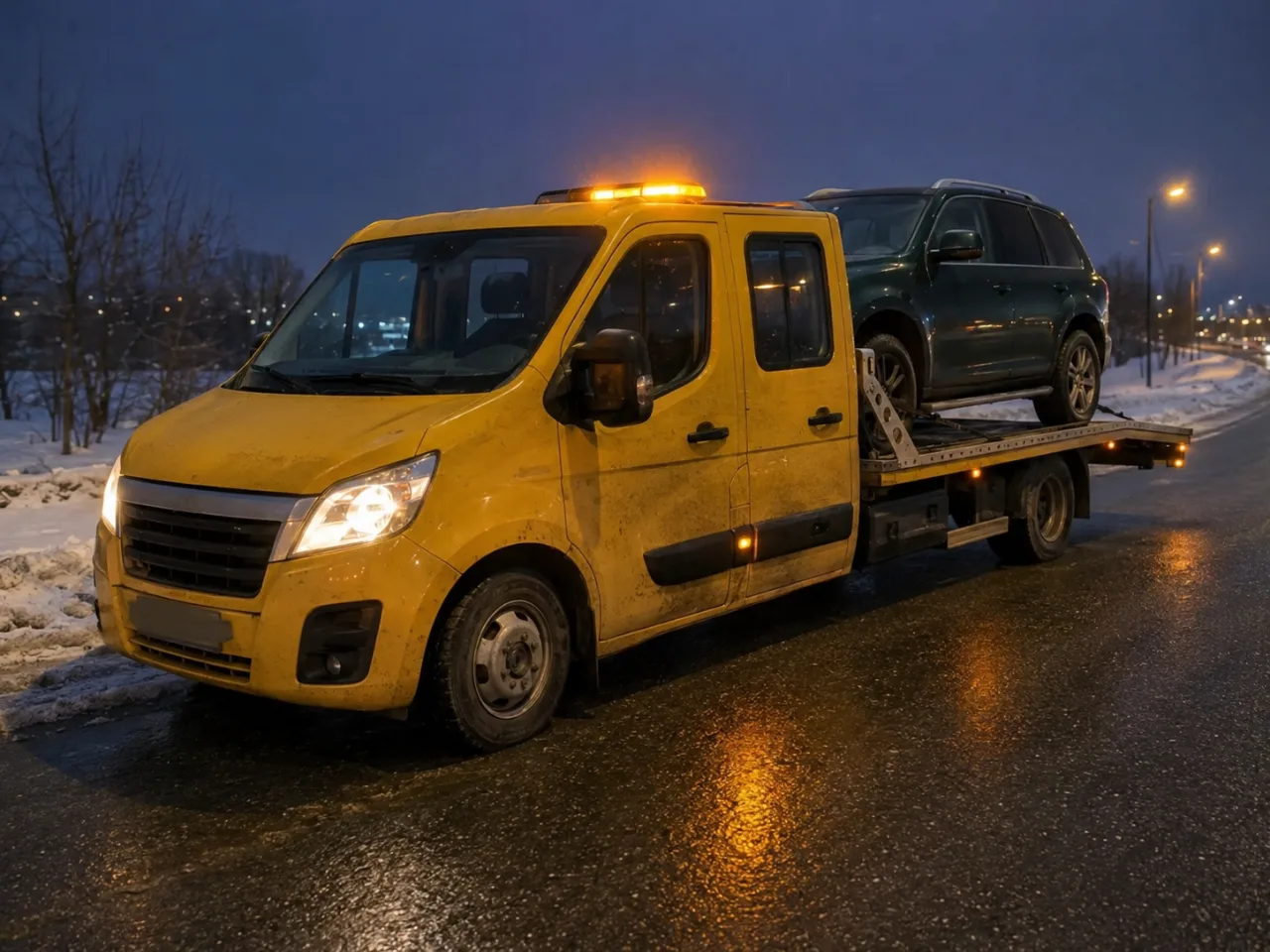 Pomoc drogowa po wypadku nocą – SUV na lawecie – Olkusz