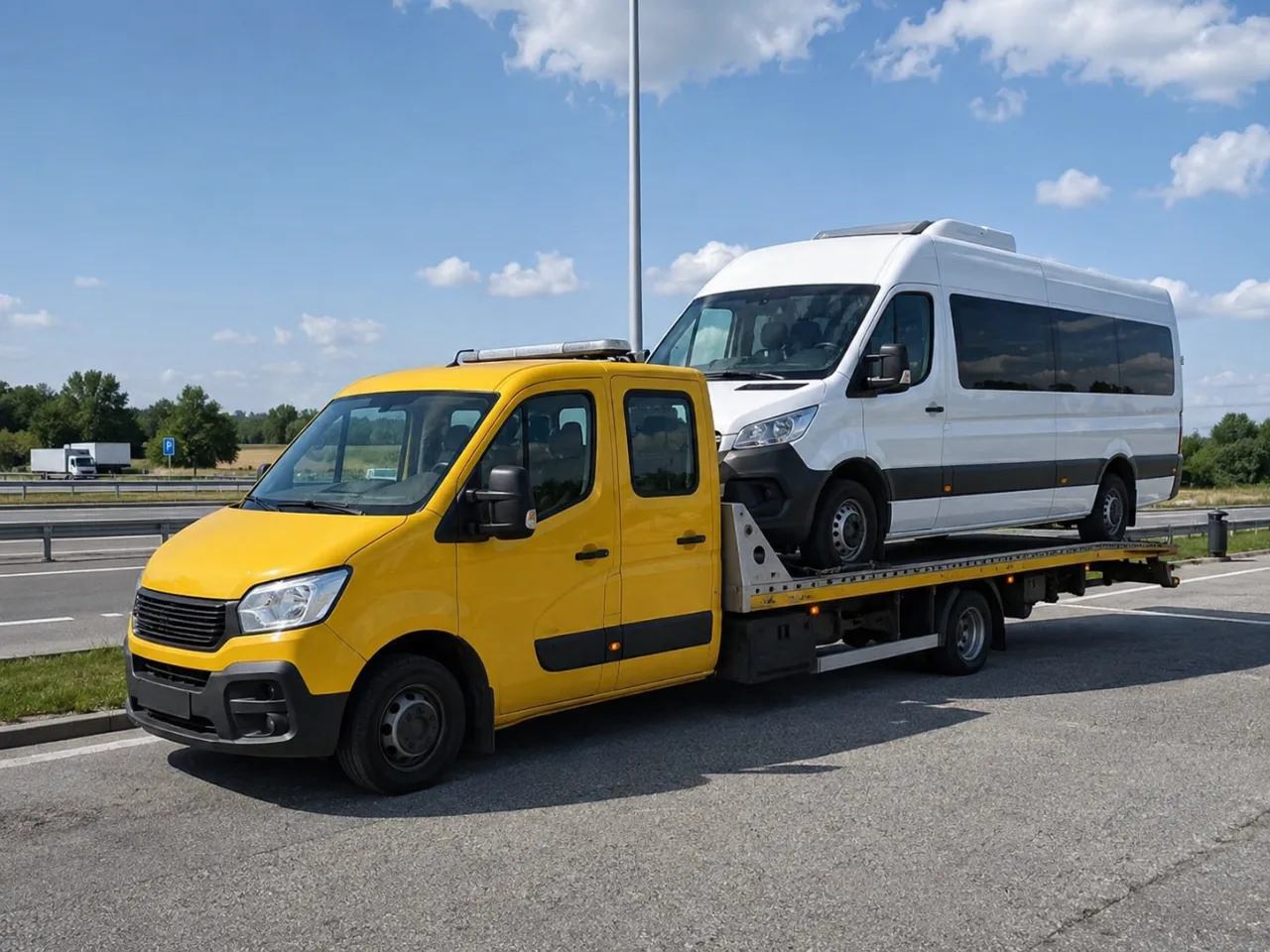 Transport białego busa osobowego na lawecie – Olkusz