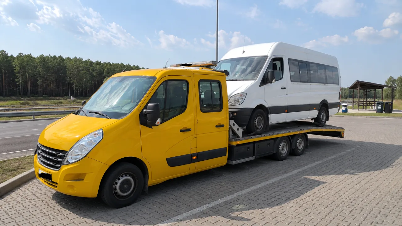 Transport białego minibusa na lawecie – AutoHol-Nowak Pomoc Drogowa Olkusz