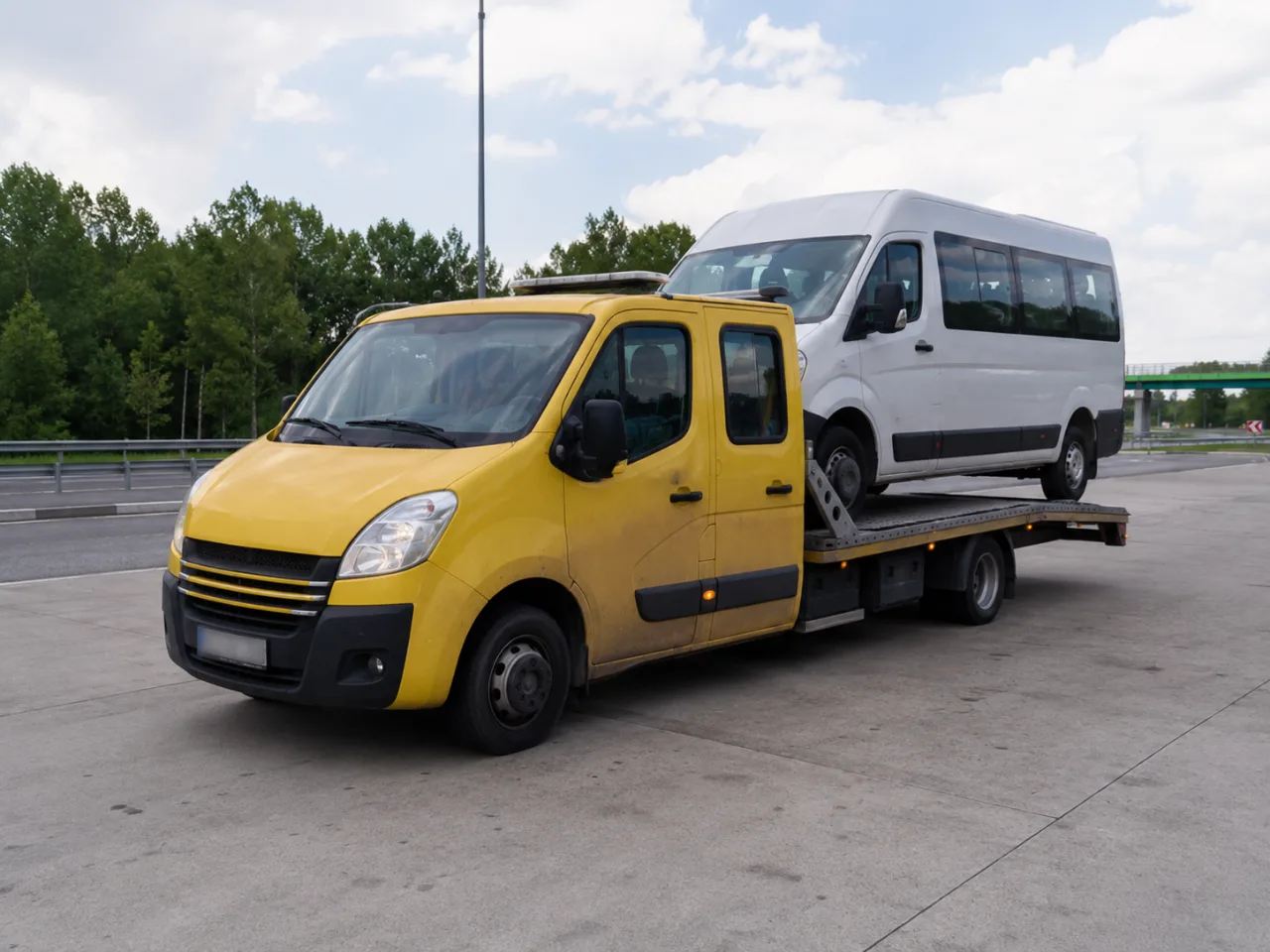 Transport białego minibusa osobowego na lawecie – Olkusz