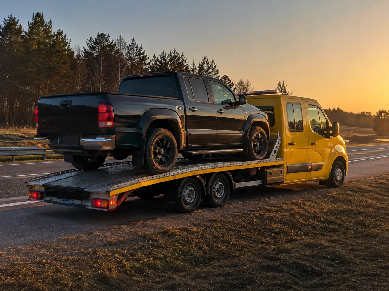 Transport pickupa na lawecie o zachodzie słońca – Olkusz