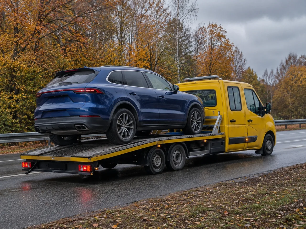 Transport niebieskiego SUV-a na lawecie – AutoHol-Nowak Pomoc Drogowa Olkusz
